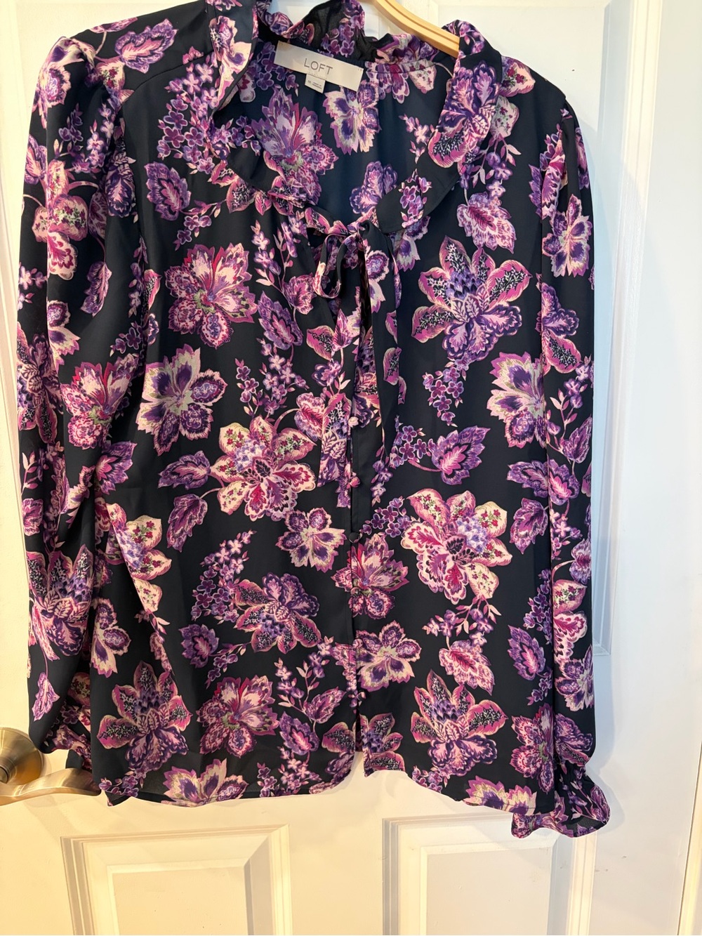 Loft Purple Floral Tie-Neck Blouse